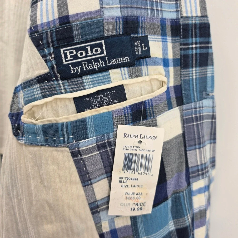 Polo Ralph Lauren Mens Blue Patchwork Madras Plaid Blazer Sport Coat Large NWT